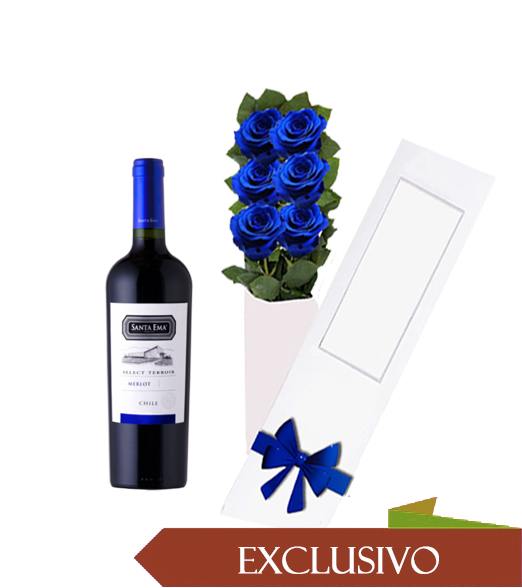 Caja de 06 Rosas Azules + Vino 375cc